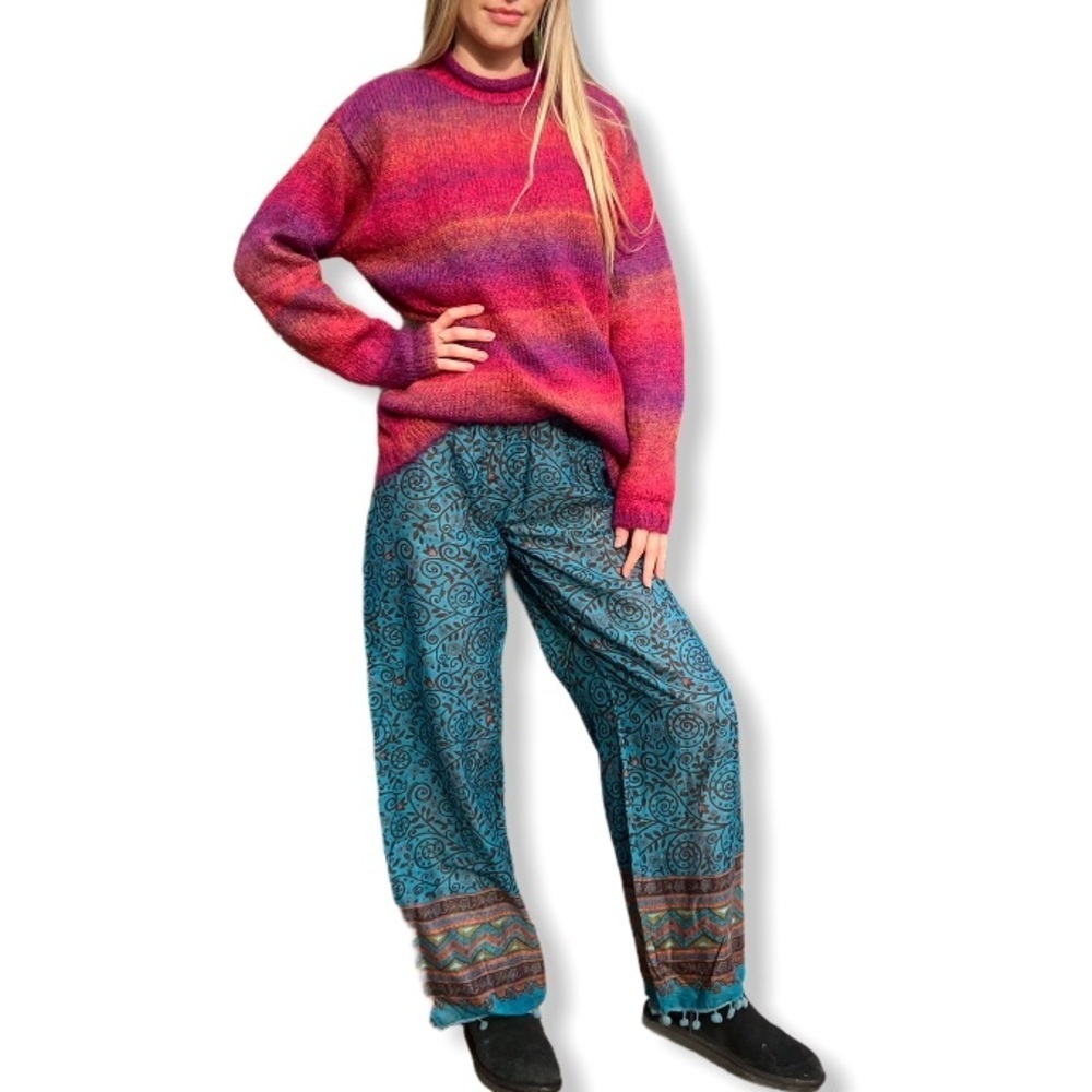Natural Life NEW Wide Leg Harem Floral Aztec Pants Blue PomPom Loungewear